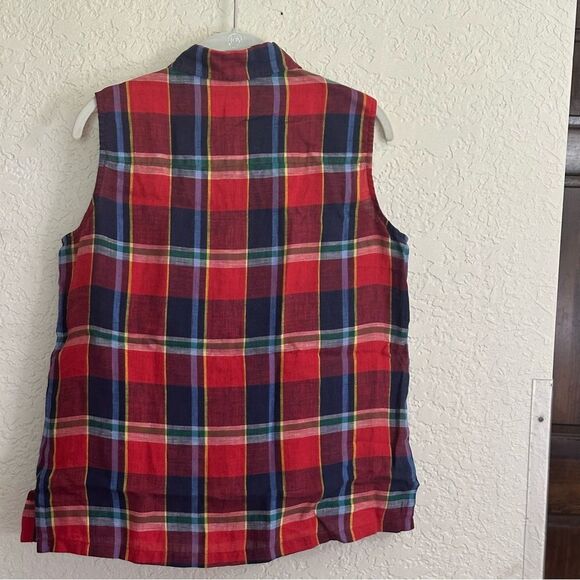 Jones New York Red Blue Plaid Linen Sleeveless Collar Button Shirt SIZE 8 - Picture 5 of 7
